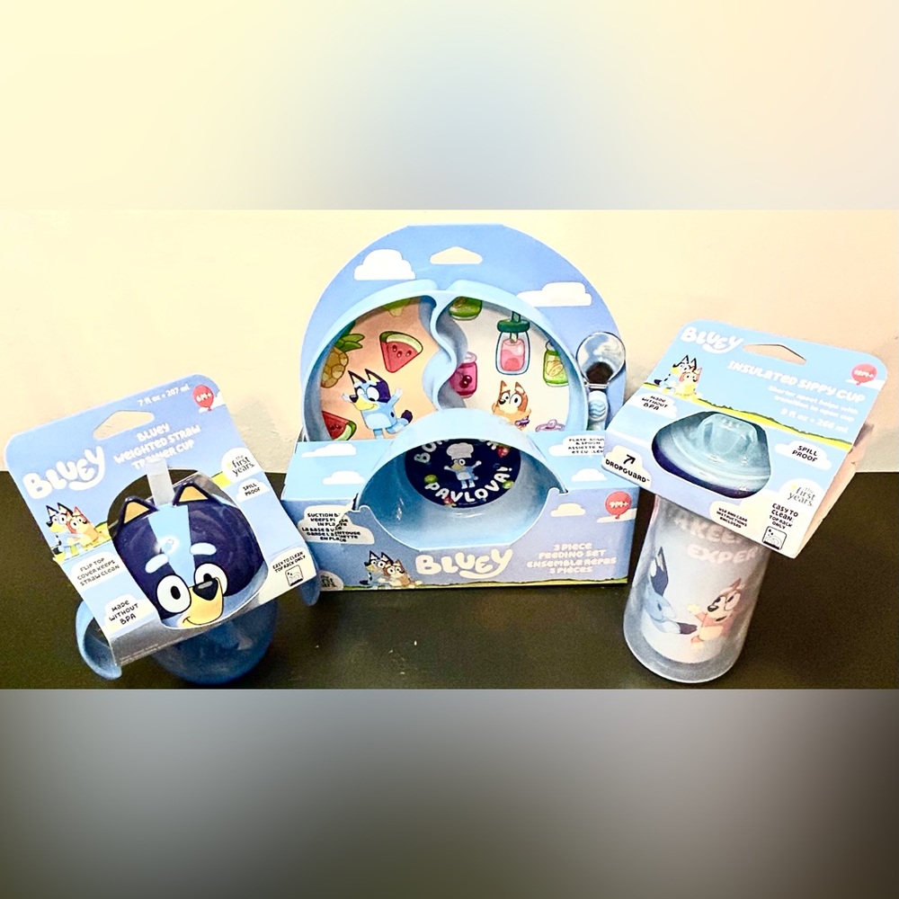 BLUEY 5 piece feed set! Plate, bowl, spoon, insulated cup cup, weighted  cup